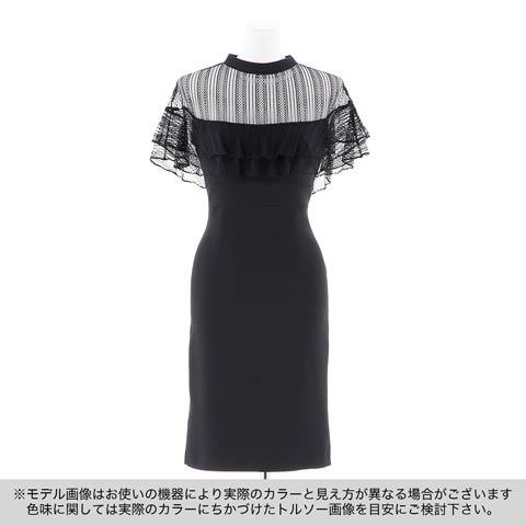 [韓国ドレス]ハイネックレースフリルワンカラータイトドレス[change clothes](ブラック-S)