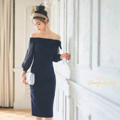 ViViモデル愛花着用[韓国ドレス]シフォンスリーブオフショルタイト膝丈ドレス[change clothes][韓国ドレス]