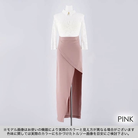[韓国ドレス]襟付きシースルーレースタイトロングドレス[change clothes][韓国ドレス](ピンク-Sサイズ)