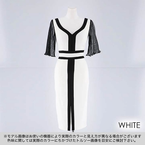 [韓国ドレス]チュール袖付きバイカラータイト膝丈ドレス[change clothes][韓国ドレス](ホワイト-Sサイズ)
