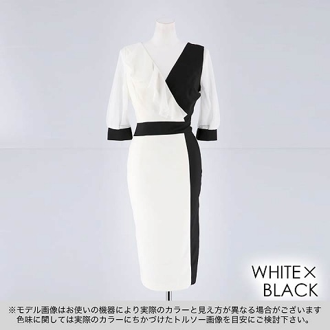 riregram着用[韓国ドレス]モノトーンバイカラータイト膝丈ドレス[change clothes][韓国ドレス](ホワイトXブラック-S)