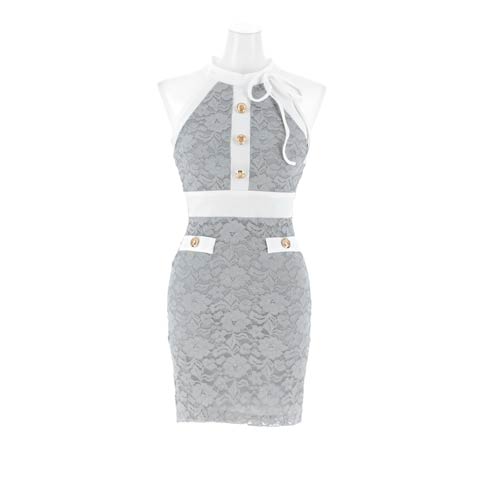 12/26新作![韓国キャバドレス]SEXYバイカラーラインアメスリレースゴールドボタンタイトミニ丈キャバドレス[change clothes](ライトグレー-Sサイズ)