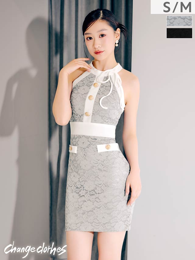 12/26新作![韓国キャバドレス]SEXYバイカラーラインアメスリレースゴールドボタンタイトミニ丈キャバドレス[change clothes]