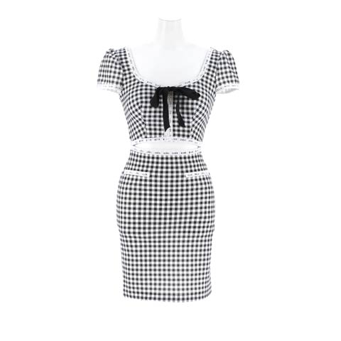 12/19新作![韓国ドレス]大人可愛いギンガムチェックリボン華奢魅せウエストカット半袖タイトミニ丈キャバドレス[change clothes](ブラック×ホワイト-Sサイズ)