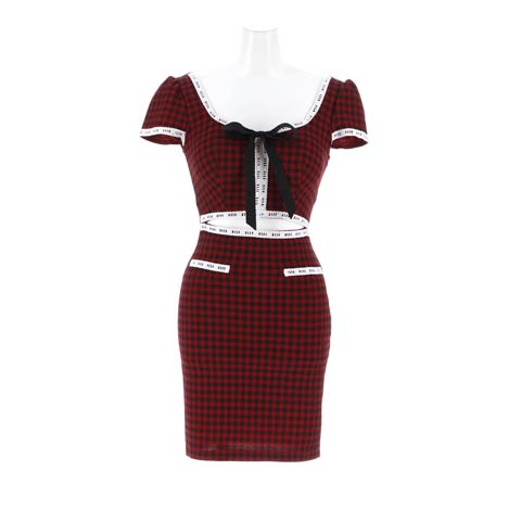 12/19新作![韓国ドレス]大人可愛いギンガムチェックリボン華奢魅せウエストカット半袖タイトミニ丈キャバドレス[change clothes](レッド×ブラック-Sサイズ)