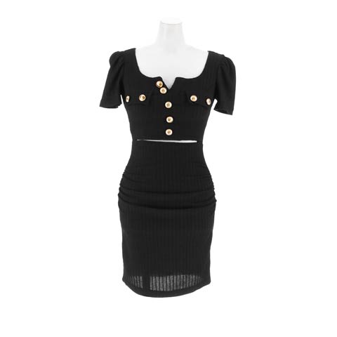 12/26新作![韓国キャバドレス]美デコルテ魅せ叶うフロントボタンウエストカット半袖タイトミニ丈キャバドレス[change clothes](ブラック-Sサイズ)