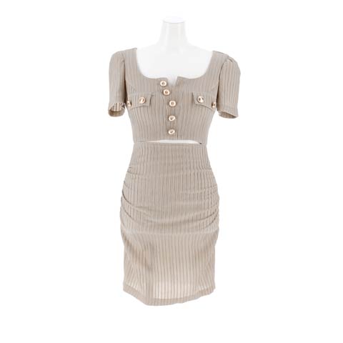 12/26新作![韓国キャバドレス]美デコルテ魅せ叶うフロントボタンウエストカット半袖タイトミニ丈キャバドレス[change clothes](ベージュグレー-Sサイズ)