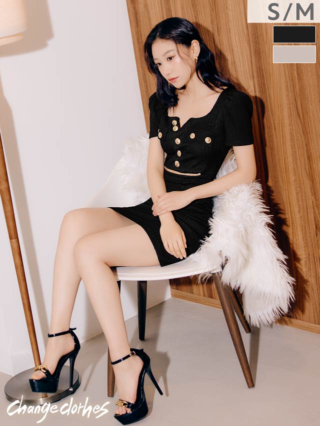 12/26新作![韓国キャバドレス]美デコルテ魅せ叶うフロントボタンウエストカット半袖タイトミニ丈キャバドレス[change clothes]