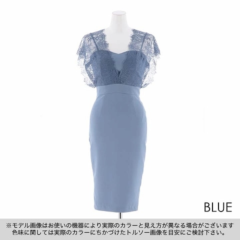 [韓国ドレス]シースルーレースワンカラータイト膝丈ドレス[change clothes][韓国ドレス](ブルー-Sサイズ)