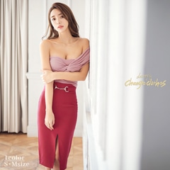 riregram着用[韓国ドレス][2ピース]ワンショルフロントツイストタイト膝丈ドレス[change clothes][韓国ドレス]