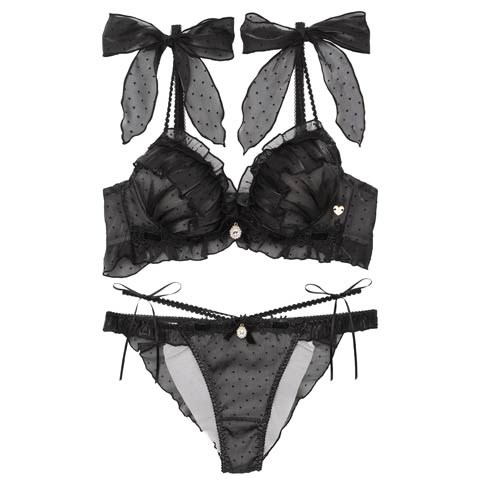 7/28新作!【明日花キララプロデュース/WhipBunny】Flocky Dot Girly Bra&Shorts / フロッキードットガーリーブラ＆ショーツ[推し](フレンチブラック-B65/ショーツM)