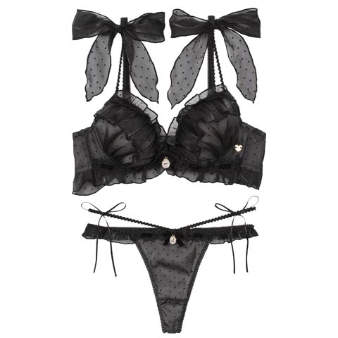 7/28新作!【Tバック】【明日花キララプロデュース/WhipBunny】Flocky Dot Girly Bra&T-back / フロッキードットガーリーブラ＆Tバック[推し](フレンチブラック-B65/ショーツM)