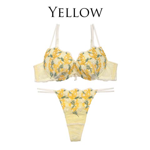 【明日花キララ着用/WhipBunny】Mimosa Motif Embroidery Bra&T-back / Yellow ミモザモチーフエンブロイダリーブラ&Tバック / イエロー(YELLOW-A65/ショーツM)