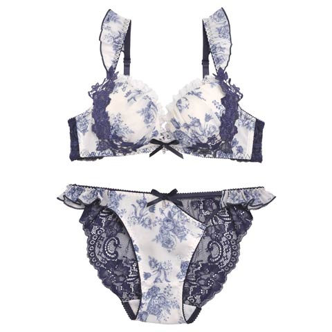 Toile de Jouy Frill Chiffon Bra&Shorts/Navy トワルドジュイフリルシフォンブラ＆ショーツ/ネイビー(ネイビー-B65/ショーツM)