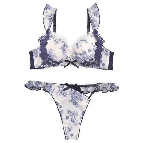 Toile de Jouy Frill Chiffon Bra&T-back/Navy トワルドジュイフリルシフォンブラ＆Tバック/ネイビー(ネイビー-B65/ショーツM)