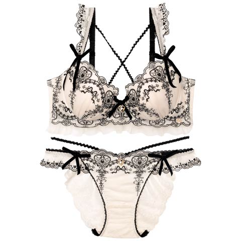 8/18新作!【明日花キララプロデュース/WhipBunny】Antique Ribbon Heart Bra&Shorts / アンティークリボンハートブラ＆ショーツ[推し](ロイヤルアイボリー-B65/ショーツM)