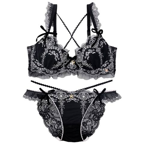 8/18新作!【明日花キララプロデュース/WhipBunny】Antique Ribbon Heart Bra&Shorts / アンティークリボンハートブラ＆ショーツ[推し](ロイヤルブラック-B65/ショーツM)