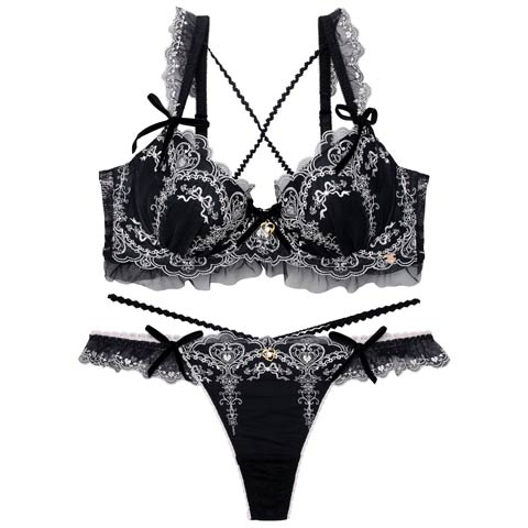 8/18新作!【Tバック】【明日花キララプロデュース/WhipBunny】Antique Ribbon Heart Bra&T-back / アンティークリボンハートブラ＆Tバック[推し](ロイヤルブラック-B65/ショーツM)