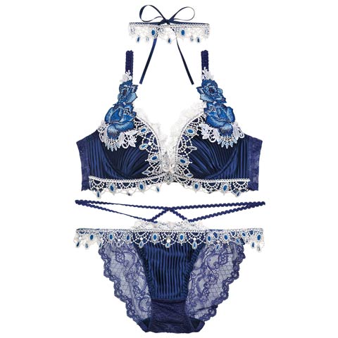 11/18新作!【明日花キララプロデュース-WhipBunny】Luxe Jewelry Pleats Bra&Shorts/Navy リュクスジュエリープリーツブラ＆ショーツ/ネイビー(ネイビー-B65/ショーツM)