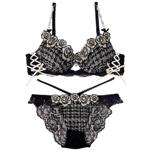 11/11再販!【明日花キララプロデュース/WhipBunny】Tweed Jewelry Rose Bra&Shorts / ツイードジュエリーローズブラ＆ショーツ[推し](ブラックツイード-B65/ショーツM)