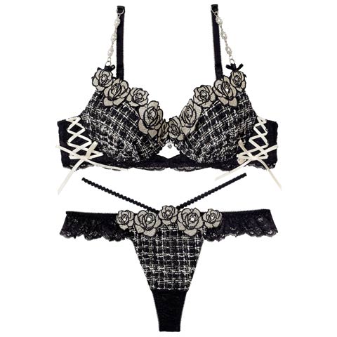 11/11再販!【Tバック】【明日花キララプロデュース/WhipBunny】Tweed Jewelry Rose Bra&T-back / ツイードジュエリーローズブラ＆Tバック[推し](ブラックツイード-B65/ショーツM)