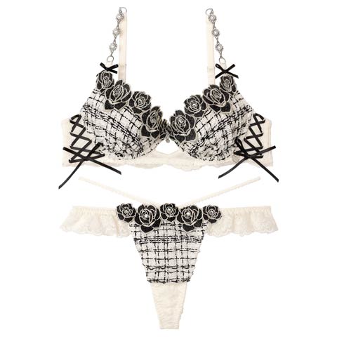 11/11再販!【Tバック】【明日花キララプロデュース/WhipBunny】Tweed Jewelry Rose Bra&T-back / ツイードジュエリーローズブラ＆Tバック[推し](アイボリーツイード-B65/ショーツM)