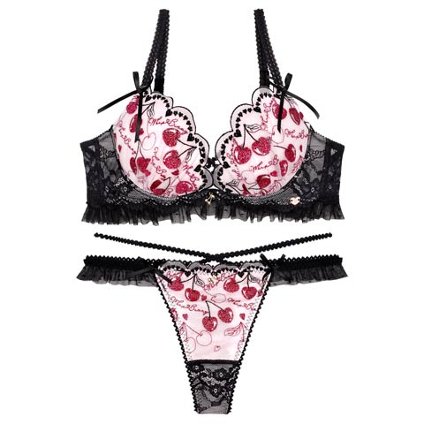 9/15新作!【明日花キララプロデュース/WhipBunny】【Tバック】Twinkle Cherry Frill Bra&T-back / トゥインクルチェリーフリルブラ＆Tバック[推し](ブラックチェリー-B65/ショーツM)