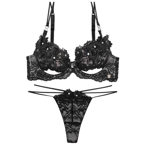 7/1新作!【Tバック】【明日花キララプロデュース/WhipBunny】Glamorous Bijou Flower Bra&T-back / グラマラスビジューフラワーブラ＆Tバック[推し](シャドウブラック-B65/ショーツM)