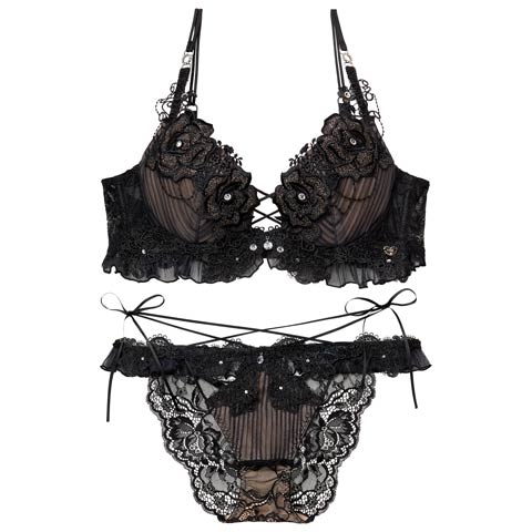 2/20新作!【明日花キララプロデュース/WhipBunny】Pleats Bijou Rose Bra&Shorts / プリーツビジューローズブラ＆ショーツ(ブラッククラシカル-B65/ショーツM)