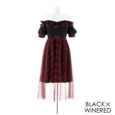 【GRACIANA】Plaid Tulle Off-shoulder Long Onepiece(ブラックXワインレッド-Sサイズ)