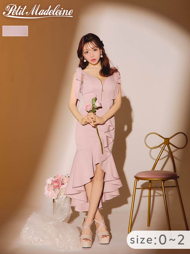 3/18新作![桜井みづき着用]フィッシュテールが上品エレガントマーメイド膝丈キャバドレス[Petit Madeleine プティマドレーヌ][0～2/3サイズ展開]