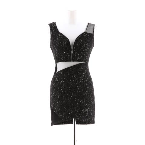 [桜井みづき着用?小さめサイズ]谷間ジップにウエストと太ももの素肌透けがSEXYな輝くミニ丈キャバドレス[Petit Madeleine プティマドレーヌ](ブラック-0サイズ)