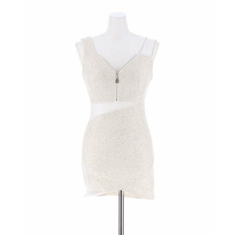 [桜井みづき着用?小さめサイズ]谷間ジップにウエストと太ももの素肌透けがSEXYな輝くミニ丈キャバドレス[Petit Madeleine プティマドレーヌ](ホワイト-0サイズ)