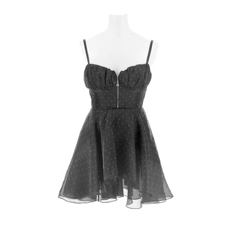 2/25新作![桜井みづき着用・小さめサイズ]肩周りすっきり谷間魅せフロントジップ×ビスチェ風チュールAラインミニ丈キャバドレス[Petit Madeleine プティマドレーヌ](ブラック-0サイズ)