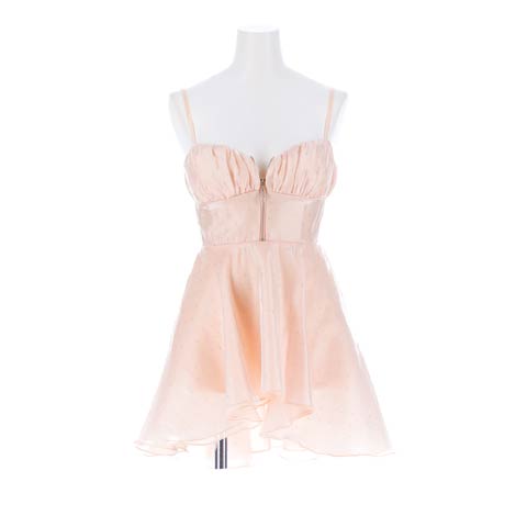 2/25新作![桜井みづき着用・小さめサイズ]肩周りすっきり谷間魅せフロントジップ×ビスチェ風チュールAラインミニ丈キャバドレス[Petit Madeleine プティマドレーヌ](ベビーピンク-0サイズ)