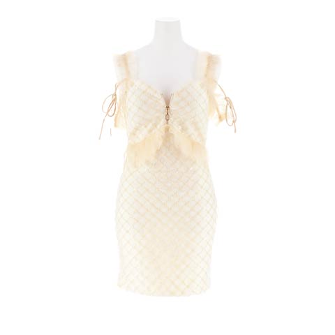 8/8新作!スパンコールチェックフリルオフショルリボンタイトミニキャバドレス[XS~M/3サイズ展開][りぼんコラボ](アイボリー-XSサイズ)