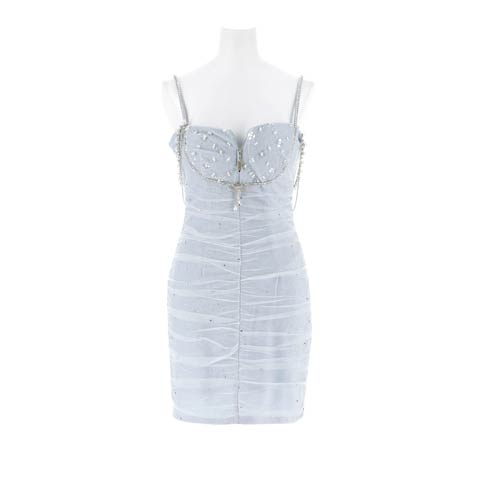 グリッターチュールバストリボンビジューオフショルタイトミニドレス[XS~M/3サイズ展開][りぼんコラボ](スカイブルー-XSサイズ)