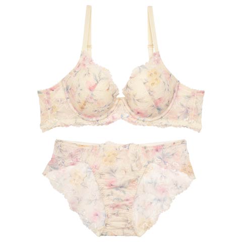 12/22新作!【かとゆり着用】フラワークラウンプリントブラジャー＆バック透けフルバックショーツ［激売れ］(クリーム-B65/ショーツM)
