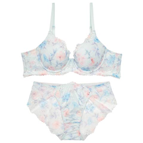 12/22新作!【かとゆり着用】フラワークラウンプリントブラジャー＆バック透けフルバックショーツ［激売れ］(サックス-B65/ショーツM)