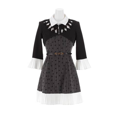 10/21新作!ことみちゃんコラボ★CUTEリボンストライプ柄レイヤード長袖プリーツAラインミニ丈キャバドレス[SML/3サイズ展開](グレーXブラック-Sサイズ)