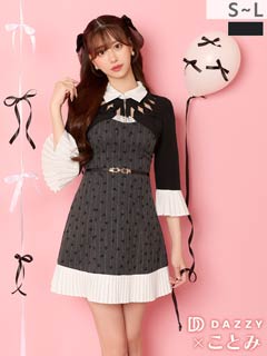 10/21新作!ことみちゃんコラボ★CUTEリボンストライプ柄レイヤード長袖プリーツAラインミニ丈キャバドレス[SML/3サイズ展開]