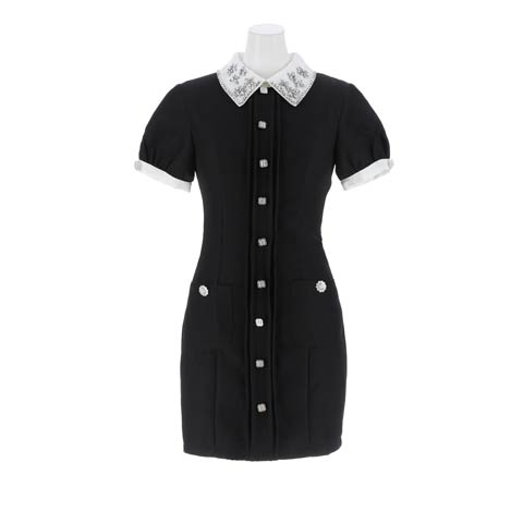 10/21新作!ことみちゃんコラボ★輝くフラワービジュー襟付きパフスリーブタイトミニ丈キャバドレス[SML/3サイズ展開](ブラック-Sサイズ)