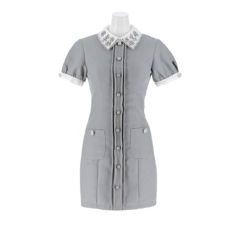 10/21新作!ことみちゃんコラボ★輝くフラワービジュー襟付きパフスリーブタイトミニ丈キャバドレス[SML/3サイズ展開](グレー-Sサイズ)