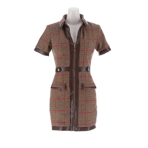 11/20新作![藤咲めいコラボ]季節感じる大人可愛いレザー×チェック柄にフロント全ジップミニ丈キャバドレス(ブラウン-Sサイズ)