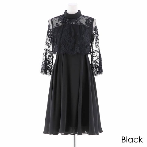 レイヤードデザインボトルネックドレス(ブラック-S)