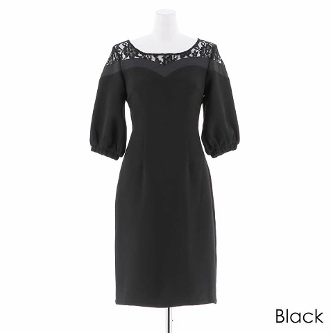 パフスリーブデコルテシアーワンピースドレス(ブラック-Sサイズ)