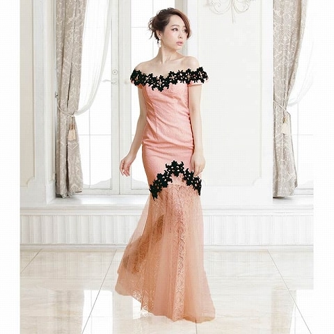 [LuxeStyle]オフショルダーマーメイドライン美脚透けロングドレス[15015](2.ピンク-Sサイズ)