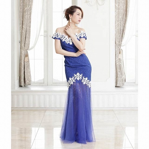 [LuxeStyle]オフショルダーマーメイドライン美脚透けロングドレス[15015](3.ブルー-Sサイズ)