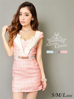 [SML/3サイズ]ベルトモチーフ付ツイード袖付きペプラムタイトミニドレス