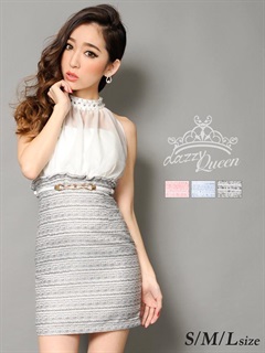 [SML/3サイズ]アメリカンスリーブツイードシフォンミニドレス